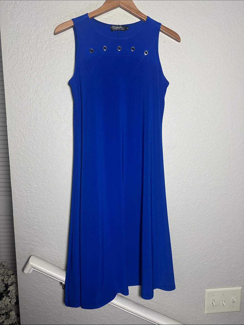 Sympli Cobalt Blue Swing Dress Sleeveless Silver Grommet Chic Contemporary